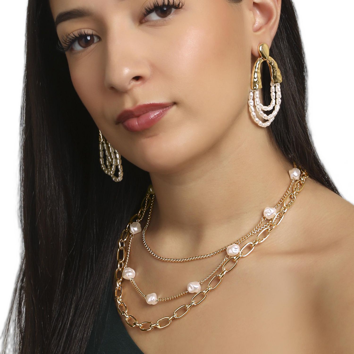 BCBG Layered Pearl Drop Chain Necklace