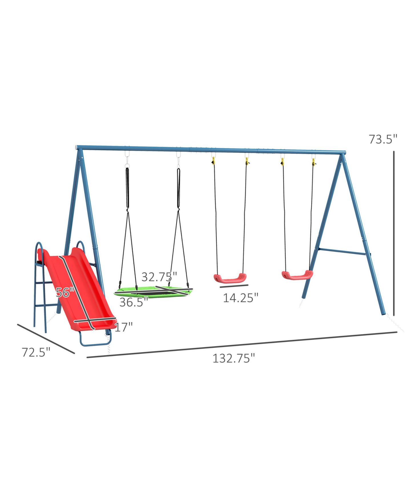 Детские игрушки Outsunny 3 in 1 Metal Swing Set with Nest Swing, Slide & Swing Seats, Holds Up to 352 lbs., Ages 3-10, цвет: Красный — фото 3