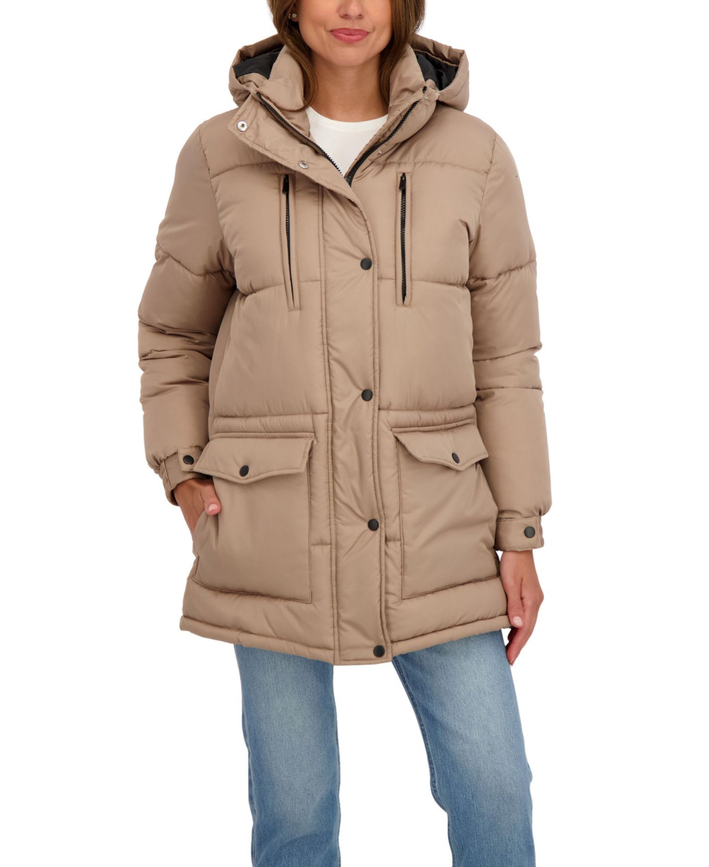 Женская куртка Sebby Juniors' Hooded 3/4 Puffer, цвет: Хаки — фото 3