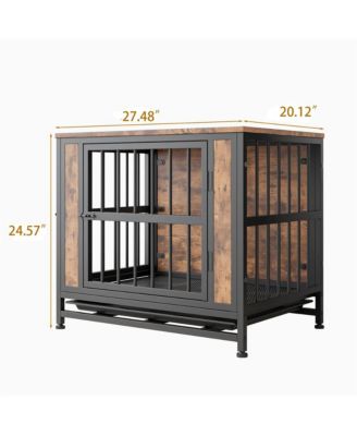 27.48'' Rustic Brown Wooden Dog Crate Table Sliding Doors Thick Iron Frame Indoor