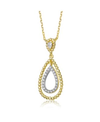 Two Tone with Clear Cubic Zirconia Tear Drop Pendant Necklace