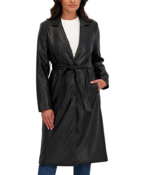 Женские куртки Sebby Collection Women's Belted Snap Front Faux Leather Long Trench Coat