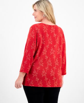 Plus Size Metallic Jacquard 3/4-Sleeve Top, Macy's Exclusive