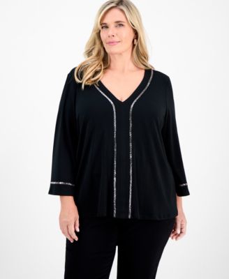 JM Collection - Plus Size Embellished V-Neck 3/4-Sleeve Top