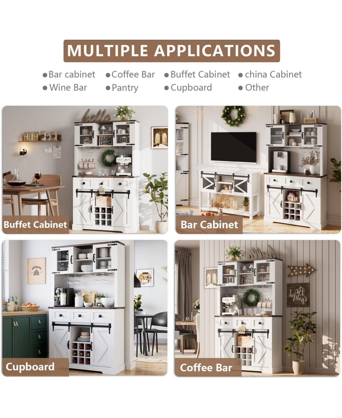 gaomon 72" Pure White Farmhouse Bar Cabinet with Sliding Barn Door, Kitchen Buffet with Hutch, 3 Drawers, Wine & Glasses Rack