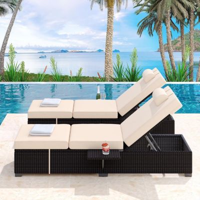 Outdoor Brown Wicker Patio Chaise Lounge Chairs Set of 2, Adjustable Backrest Lounger with Beige Cushion for Pool & Outdoor Use