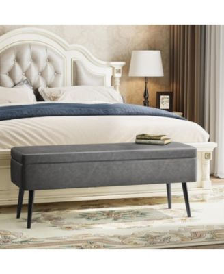 Storage Ottoman Bench, Mid-Century Modern Synthetic Leather, Grey, Safety Hinges, Loads 680 lbs, Entryway & Bedroom