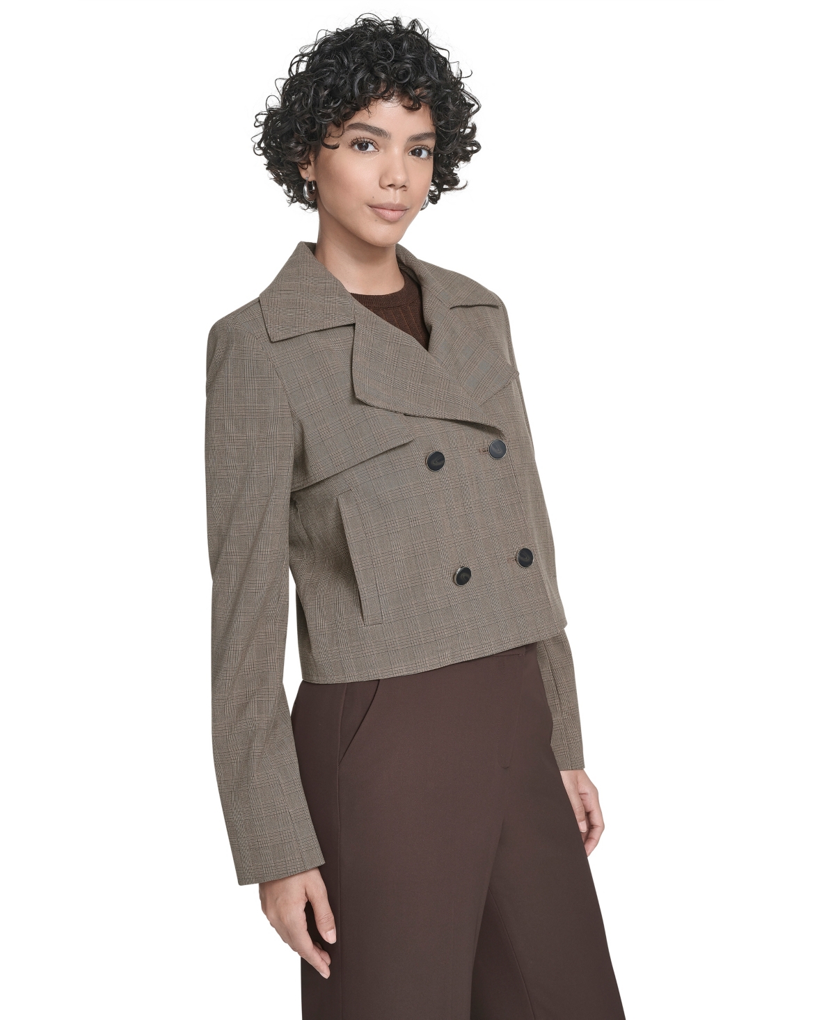 Calvin Klein Petite Novelty Cropped Double Breasted Trench Jacket In Gray