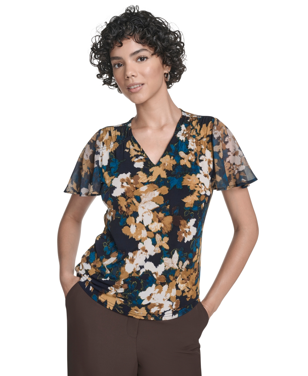Calvin Klein Petite Printed V-neck Flutter Sleeve Top In Multi