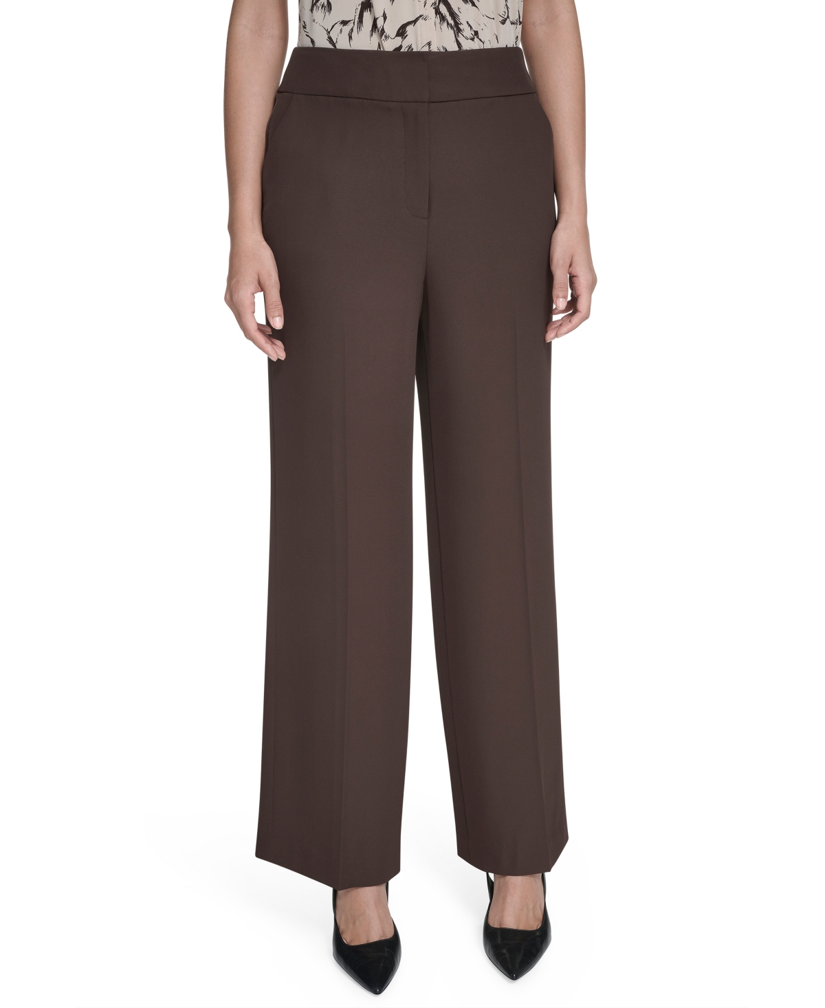Calvin Klein Petite Solid Wide Leg Pants In Brown