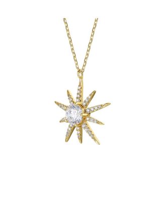Sterling Silver 14k Gold Plated with Cubic Zirconia 10-Point Starburst Pendant Necklace