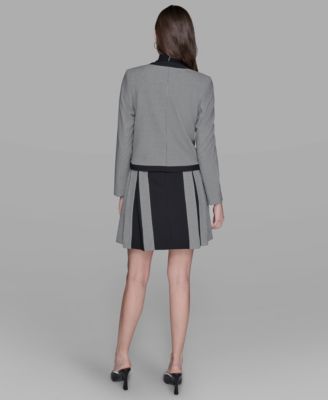 Karl Lagerfeld Womens Gingham Framed Jacket Pleated Skirt Bead Embellished Sleeveless Mock Neck Top In Animal Print