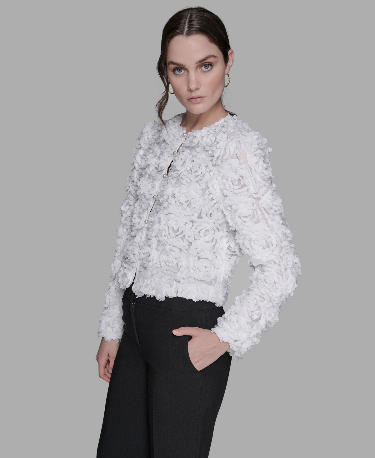Karl Lagerfeld Women's 3d Floral Applique Jacket In White