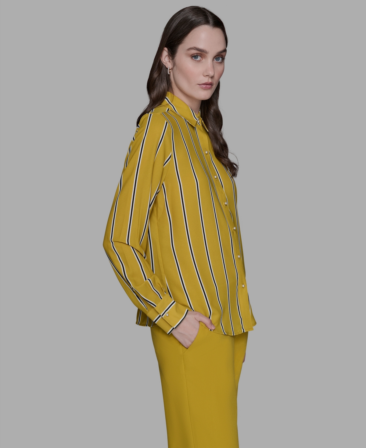 Karl Lagerfeld Women's Striped Faux-pearl Shirt In Yellow