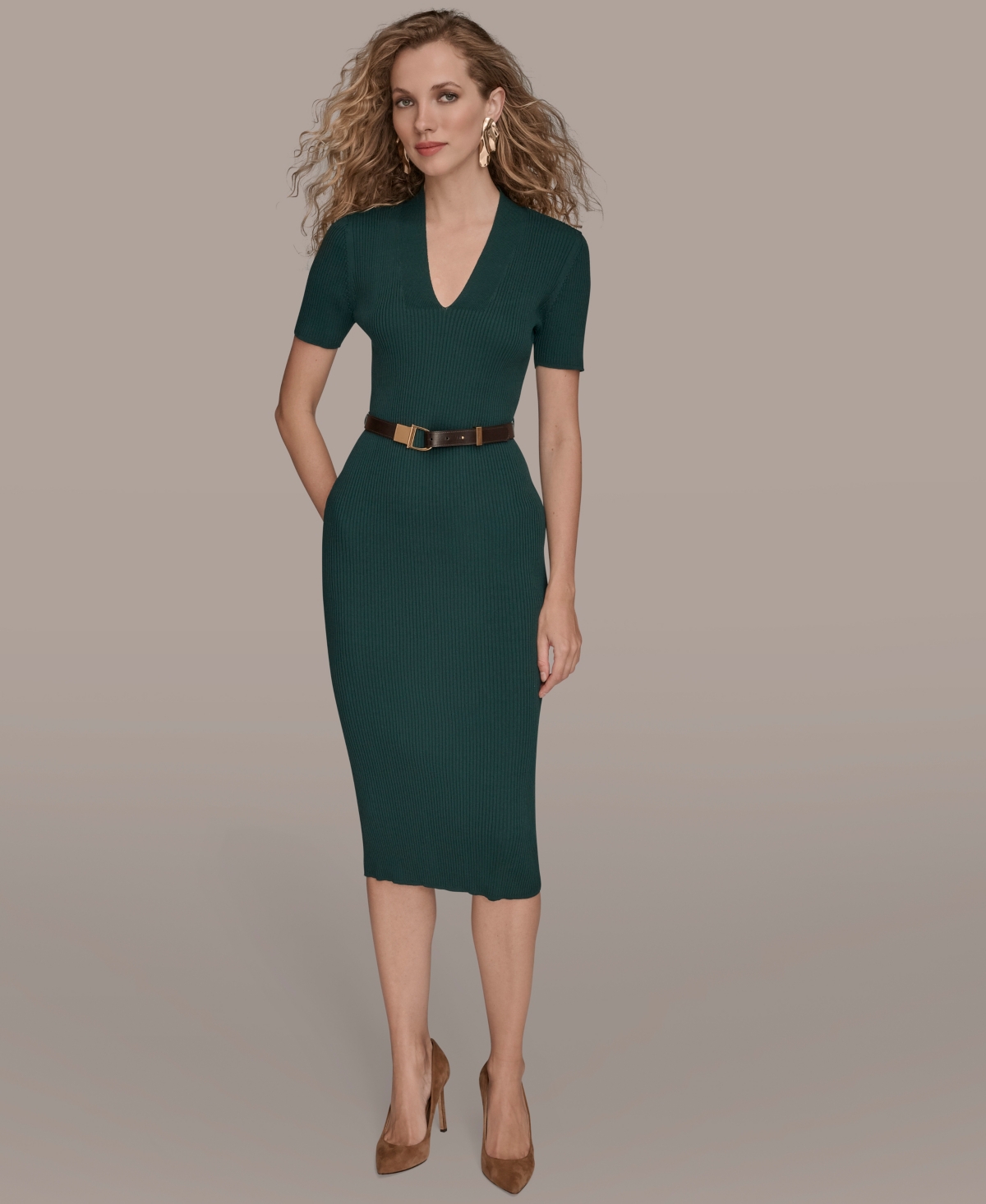 Donna Karan Petite Sweater Short Sleeve Midi Dress In Brown