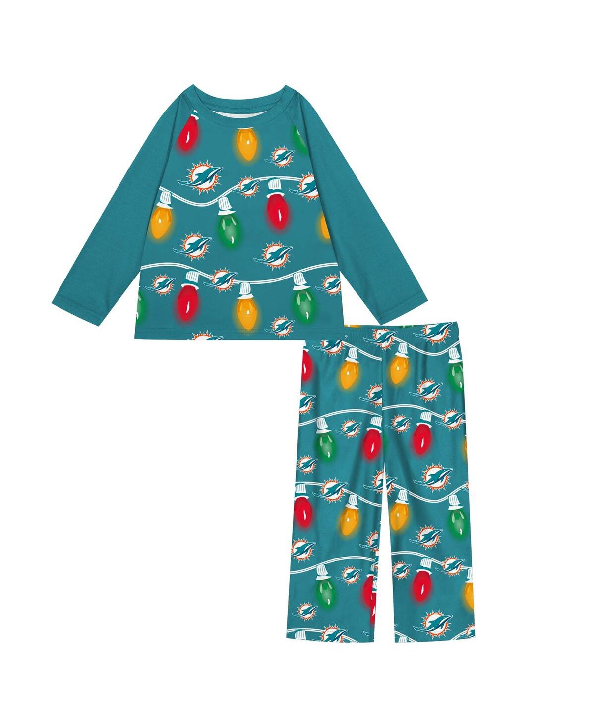 Outerstuff Babies' Toddler 2-piece Miami Dolphins Garland Holiday Long Sleeve Pajama Set In Green