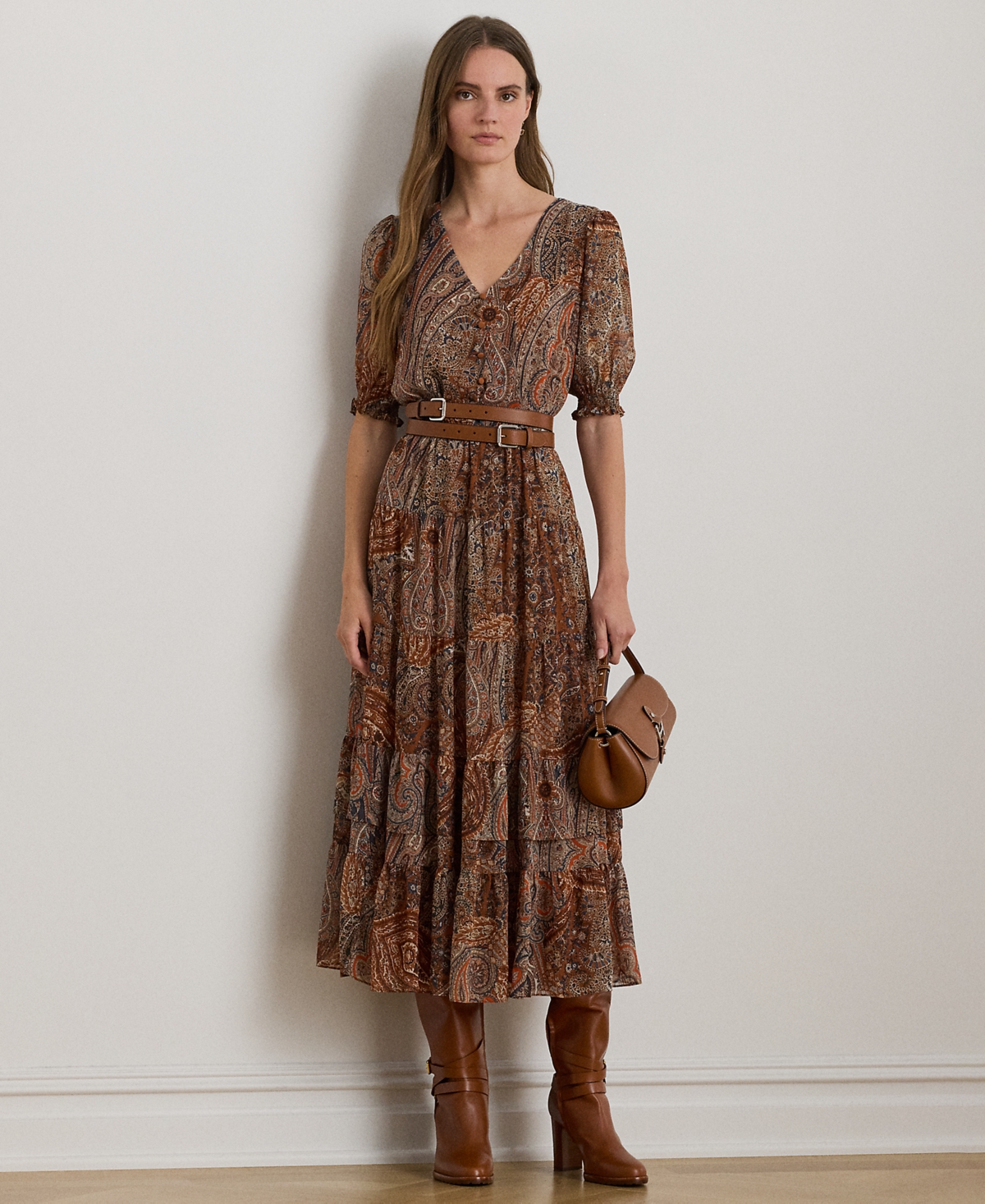 Lauren Ralph Petite Paisley Belted Crinkle Georgette A-Line Dress