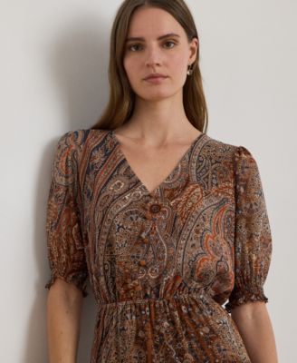 Petite Paisley Belted Crinkle Georgette A-Line Dress