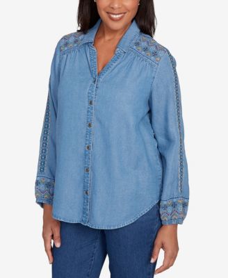 Petite Needlepoint Embroidered Button Front Top