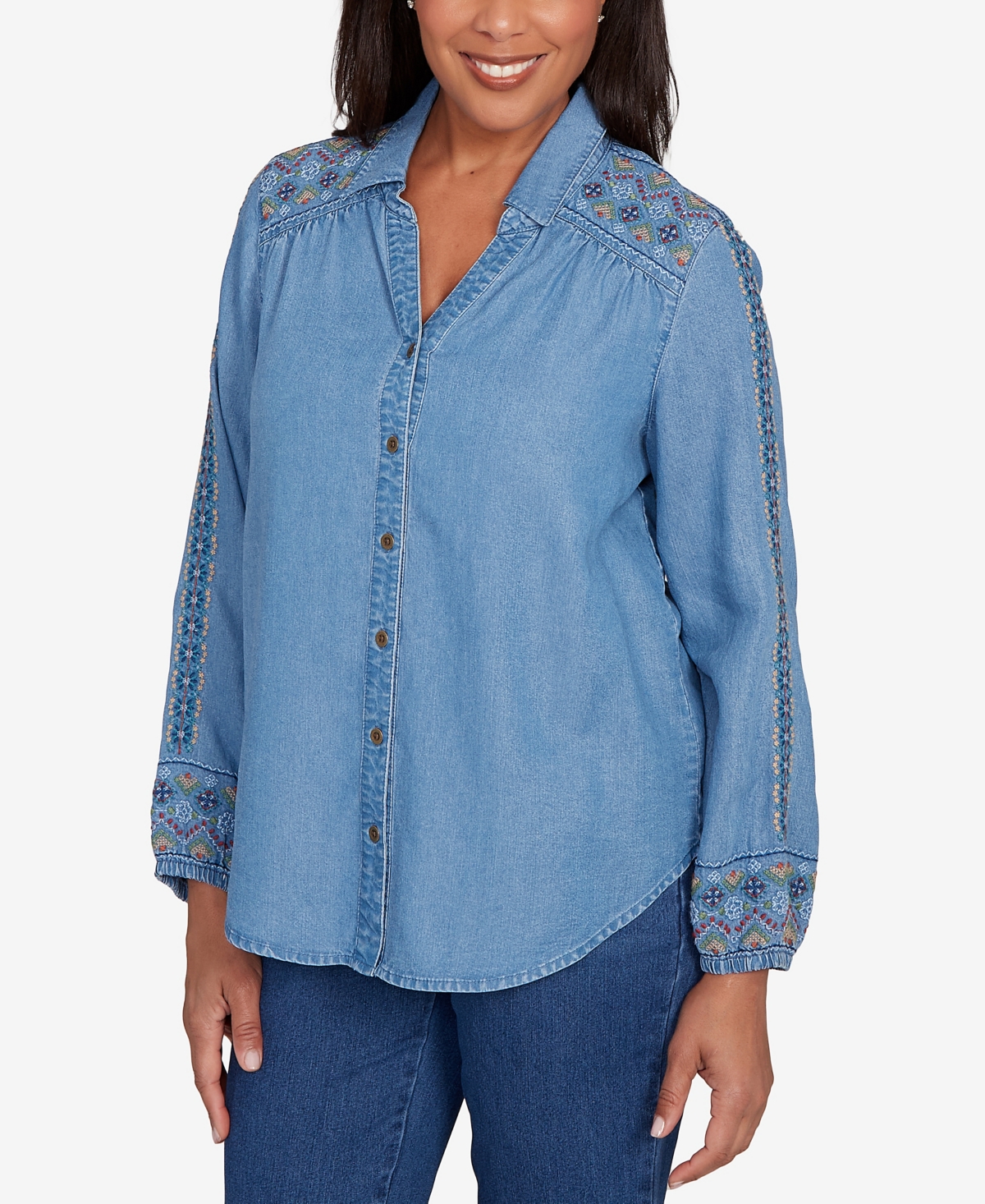 Alfred Dunner Petite Needlepoint Embroidered Button Front Top In Blue