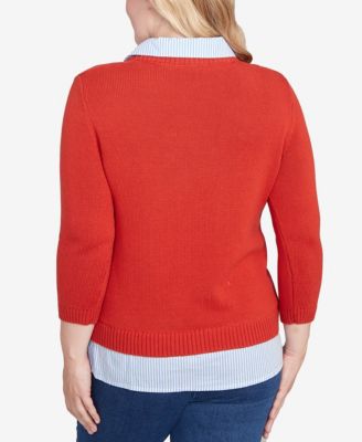 Petite Stitched Cable Stripe Woven Trim Sweater