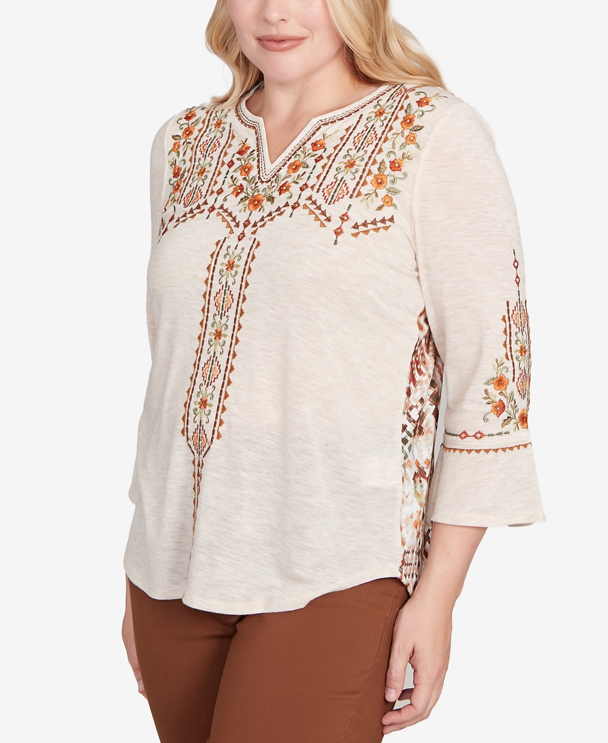 Alfred Dunner Petite Geometric Floral Embroidery Top In Brown