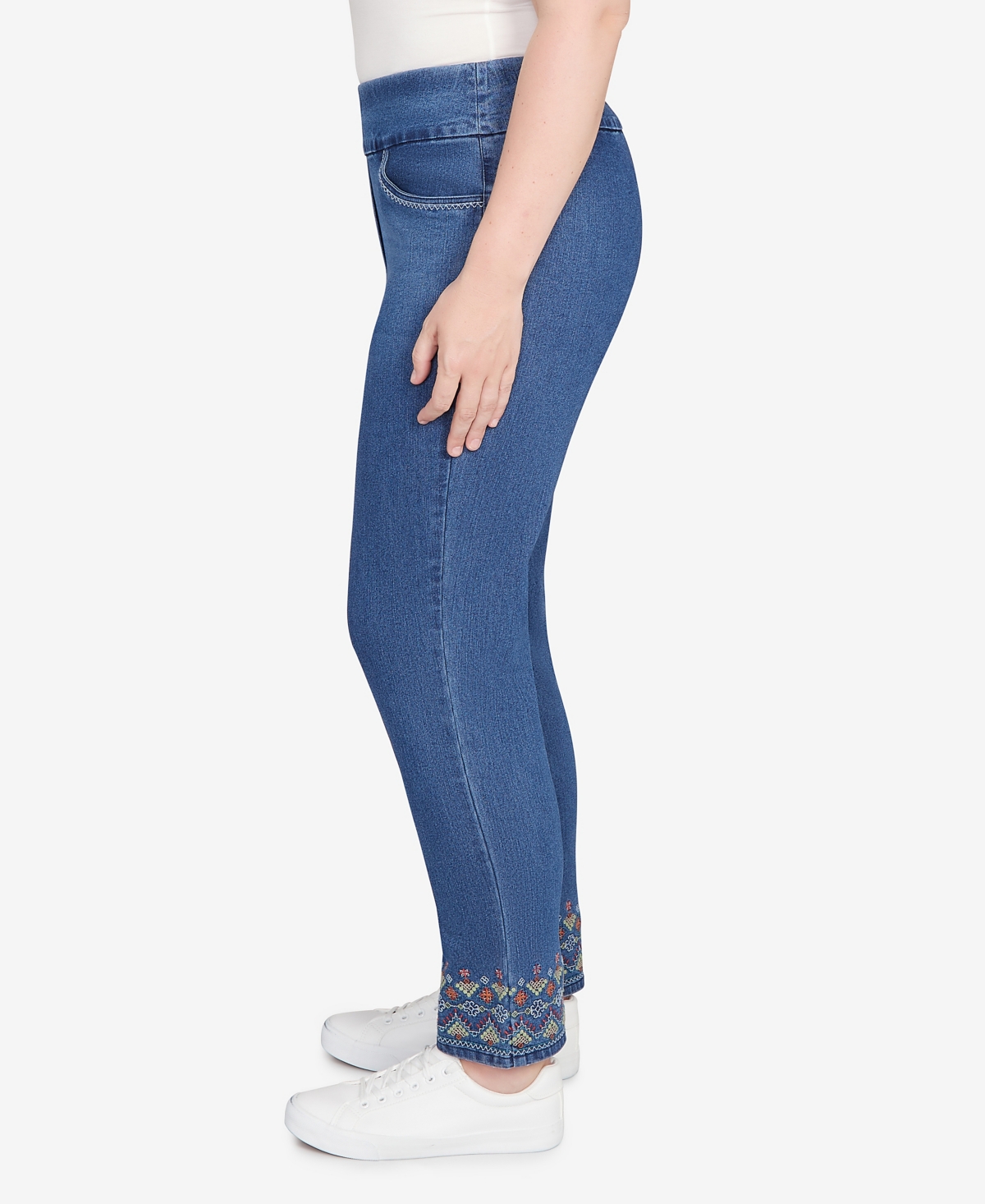 Alfred Dunner Petite Super Stretch Geometric Denim Ankle Pants In Blue