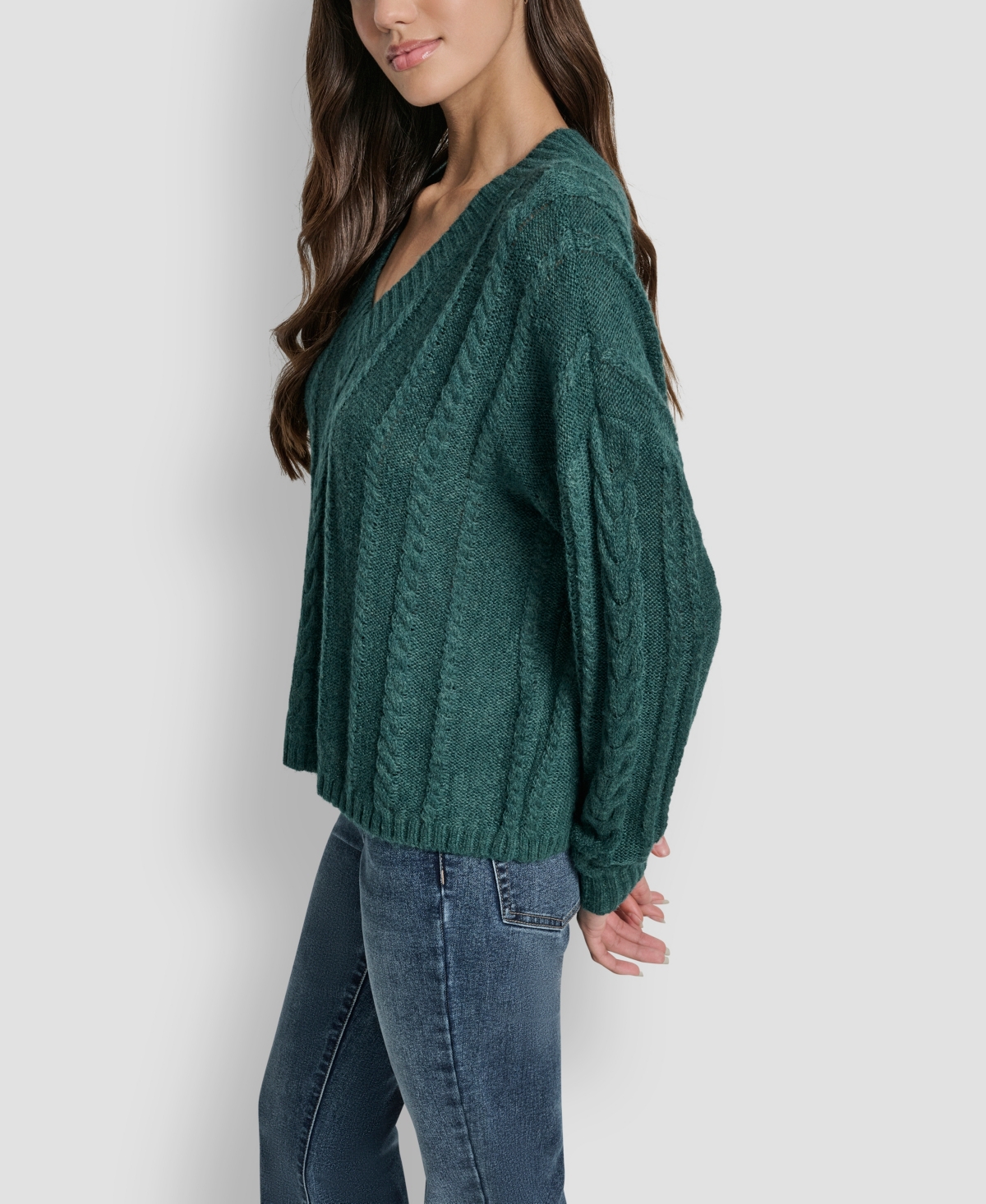 Dkny Jeans Women's V-neck Cable-knit Sweater In Green