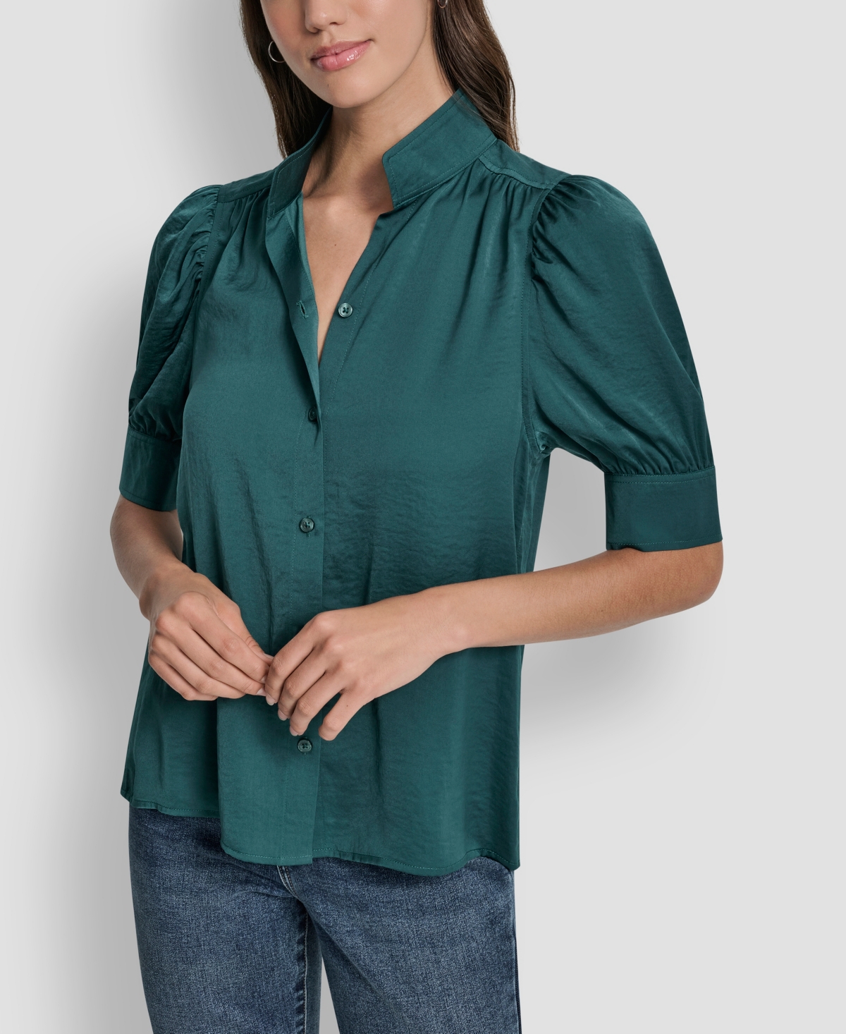 Dkny Jeans Women's Stand Collar Puff-sleeve Shirt In Green