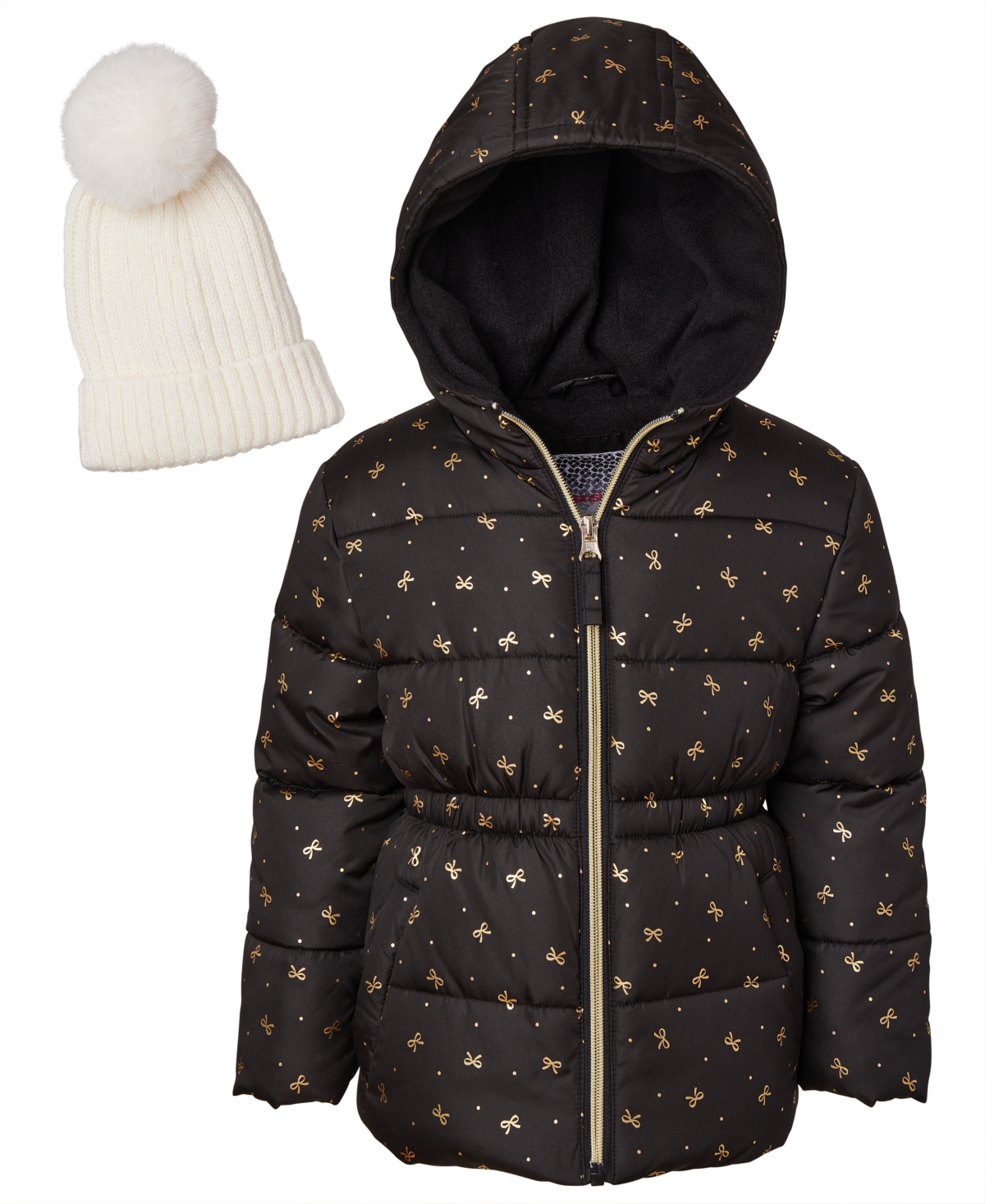 Kensie Girl Toddler and Little Girls Foil Bow Puffer Jacket with Beanie