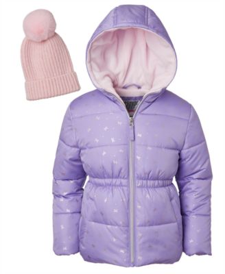 Toddler and Little Girls' Foil Bow Puffer Jacket with Beanie