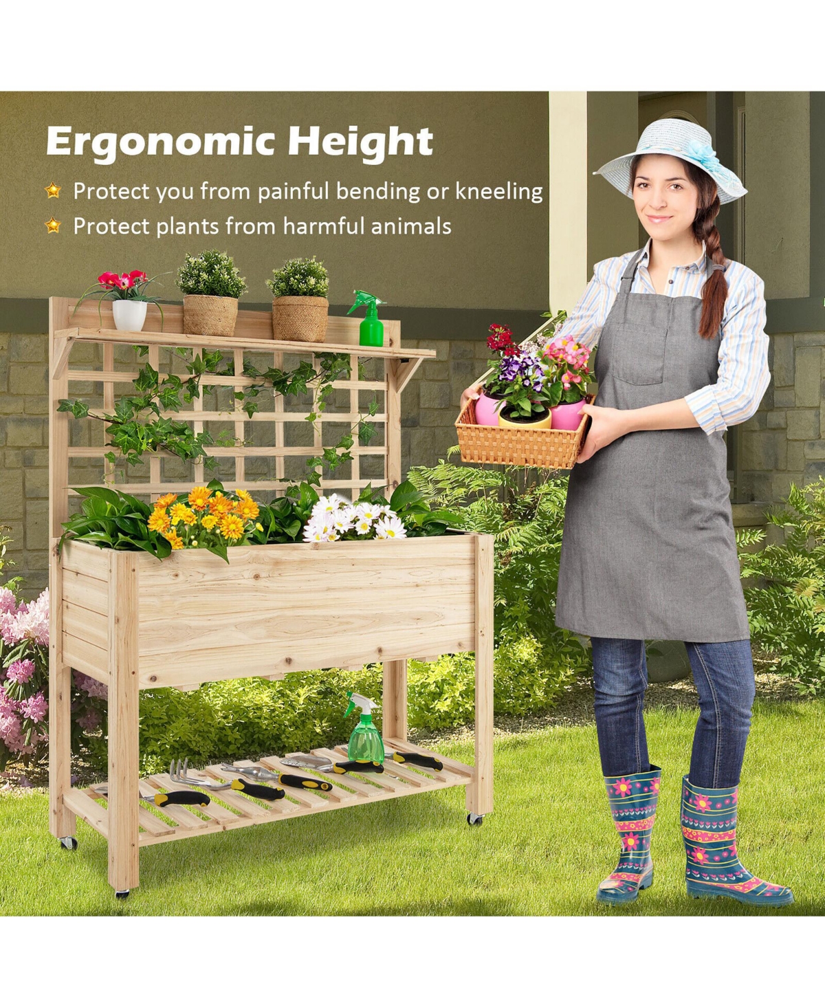 Gymax Raised Garden Bed Mobile Elevated Wooden Planter Box w/ Wheels Trellis Shelf