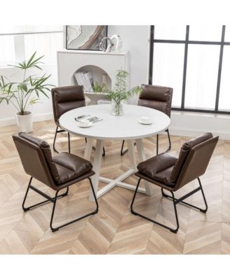 5-Pc. MDF & Rubber Wood Trestle Table Faux Leather Upholstered Round Dining Room Set
