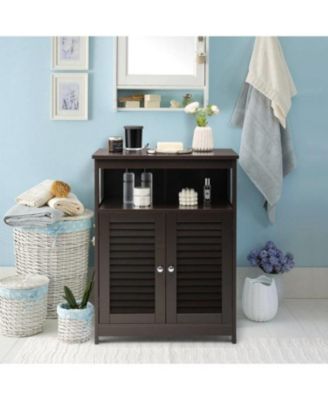 Farmhouse Bathroom Linen Cabinet with Louvered Doors and Open Storage Shelf