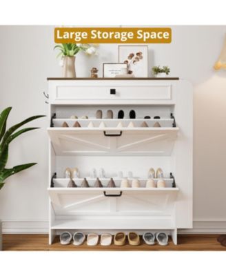 Shoe Storage Cabinet with 2 Flip Drawers and Barn Door, White/Walnut