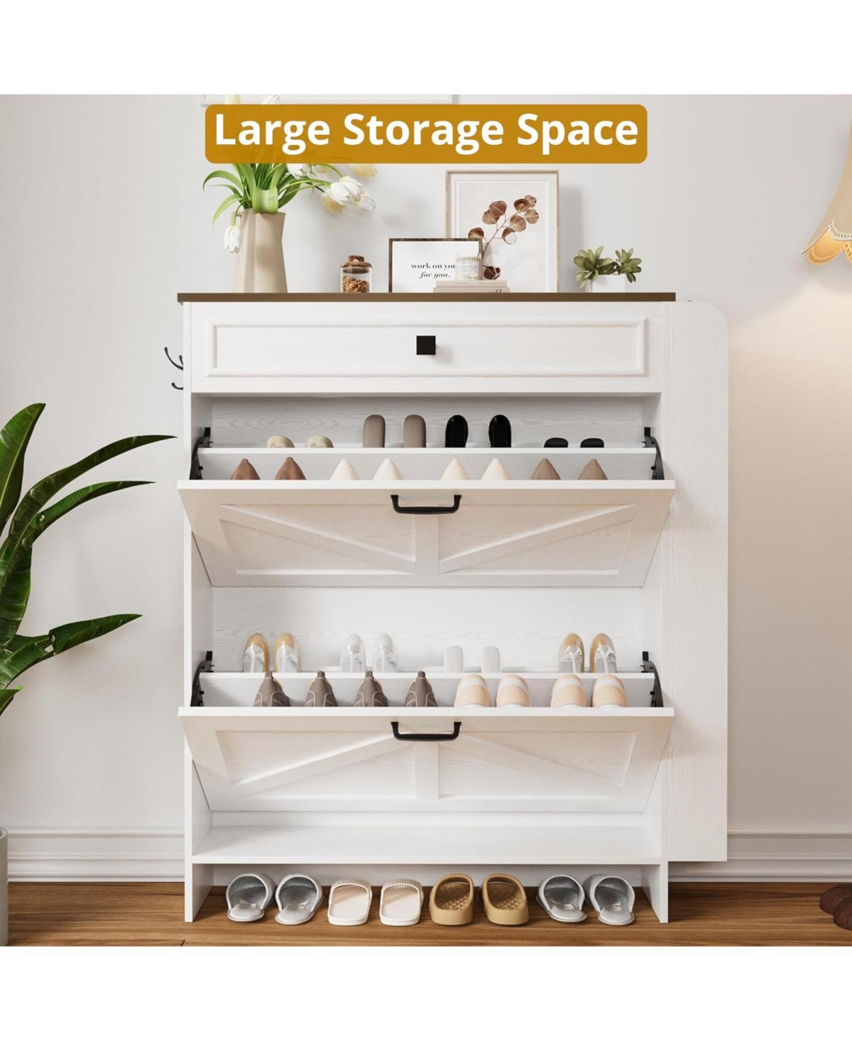 Ironck Shoe Storage Cabinet with 2 Flip Drawers and Barn Door, White/Walnut