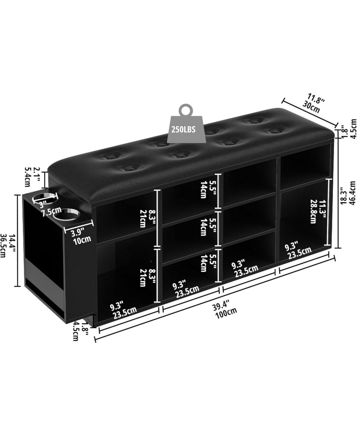 Ironck Shoe Bench, Ten Cubbies Storage Entryway Bench with Pu Leather, Black
