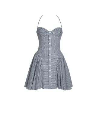 Women Melody Navy Blue Railroad Stripe Halter Drop Waist Mini Dress