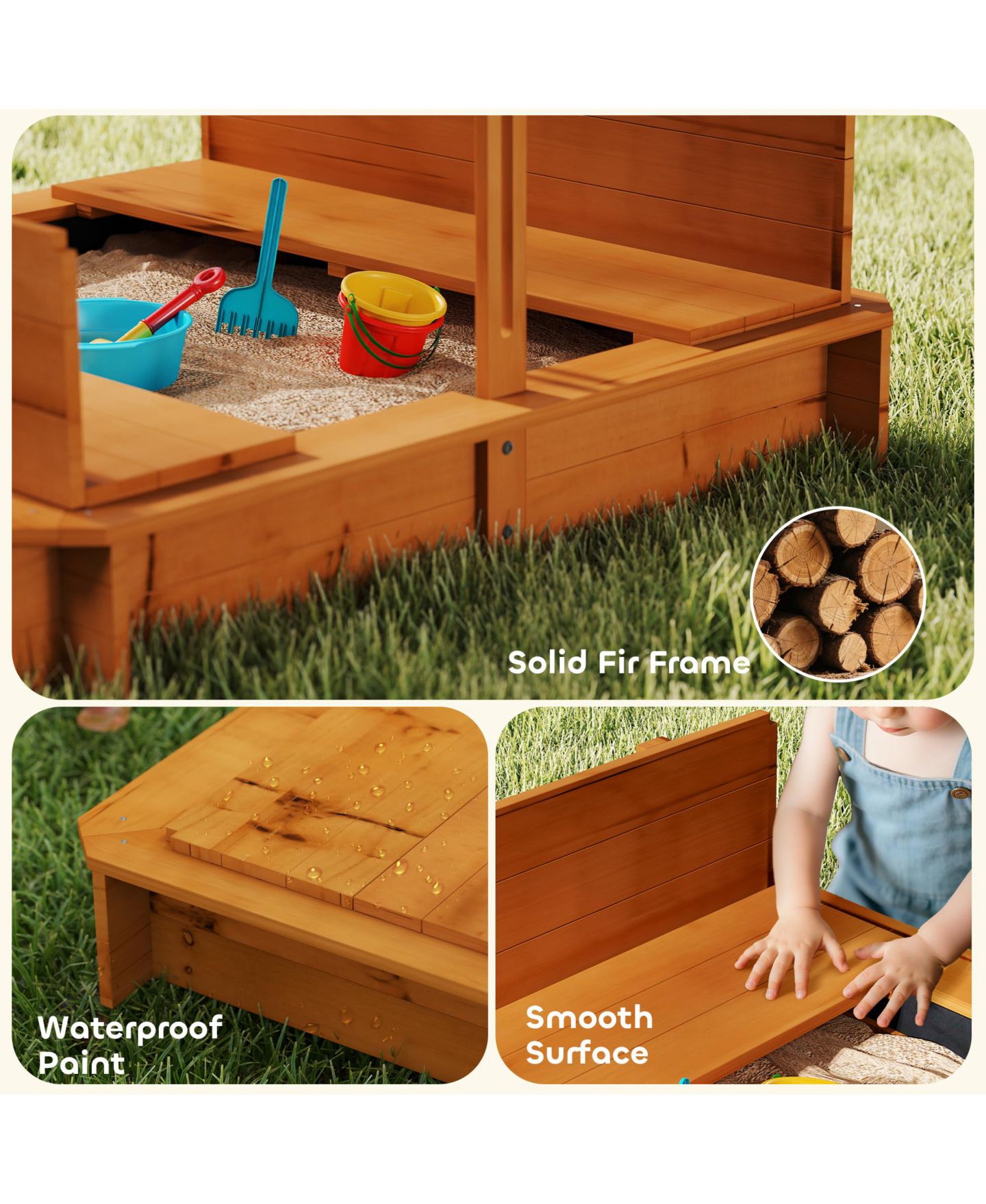 Детская игрушка Outsunny Cove Wooden Sandbox with Adjustable Canopy & Lid, Ages 3-7, цвет: Коричневый — фото 9