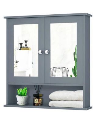 Wood Bathroom Wall Cabinet with Mirrored Doors and Interior Storage Shelf