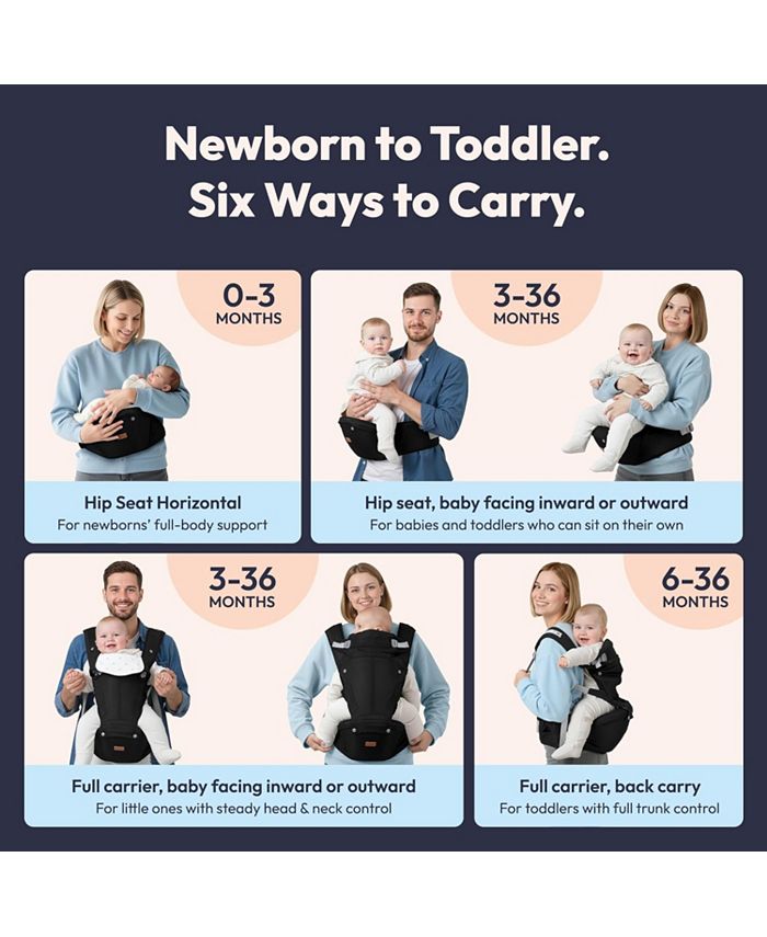 BabbleRoo Kids Carrier 6 in 1 Carrier with Hip Seat, Comfy & Adjustable Kangaroo Rose - Black
