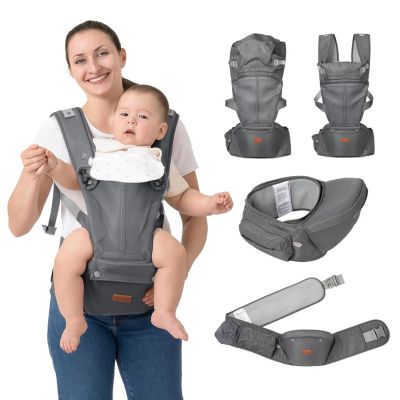 Kids 6-in-1 Carrier with Hip Seat and Lumbar Support, Ergonomic & Adjustable for Newborn to with Sunshade, Black
