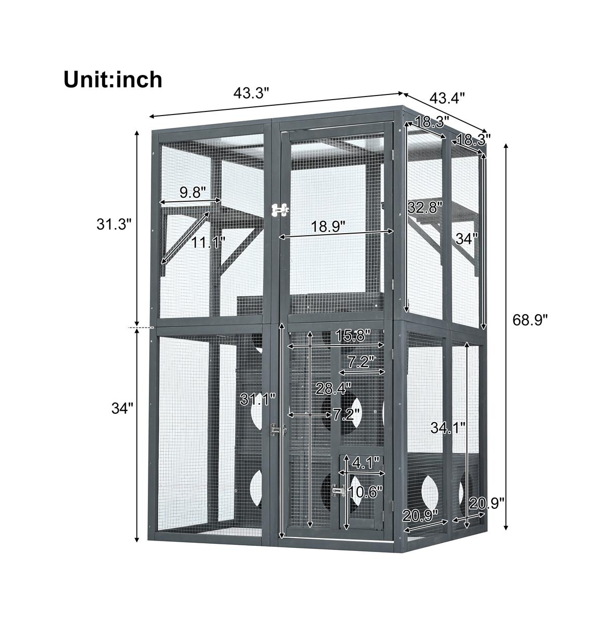 Aostirmotor 68.9 in. H Outdoor Cat house Cat shelves with Removable wood boxes in Gray