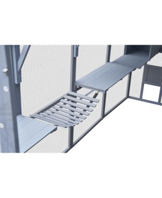 110 in. Outdoor Cat House Cat Enclosures with Platforms Upgrade Waterproof Cover in Gray White