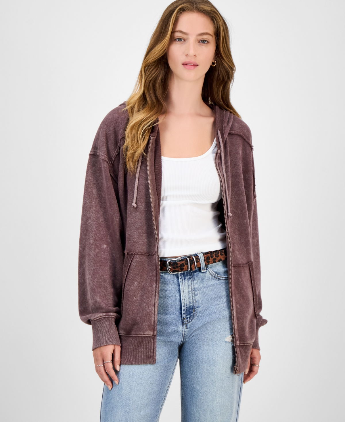 Pink Rose Hippie Rose Juniors' Mineral Wash Zip-up Hoodie In Brown