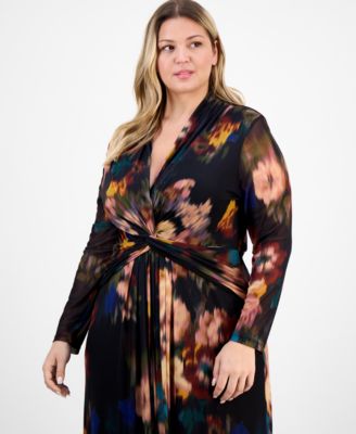 Plus Size Long-Sleeve Twist-Front Mesh Maxi Dress