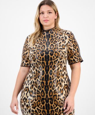 Plus Size Cap-Sleeve Animal-Print Sequin Bodycon Dress