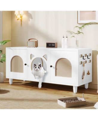 47.2 in. Wooden Cat Cabinet Cat litter box with Sisal scratching door in Cream white