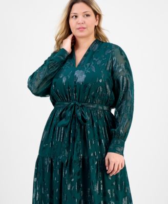 Plus Size Floral Jacquard Blouson-Sleeve Midi Dress