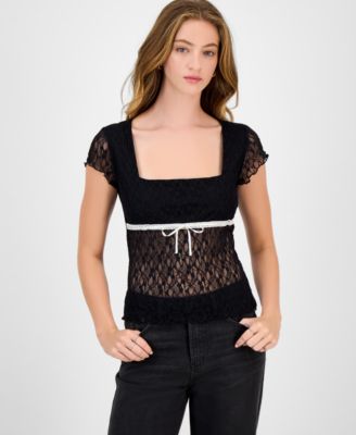 Juniors' Square-Neck Cap-Sleeve Lace Top